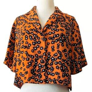 Topshop Vibrant Orange Floral Button-Down Cropped Top